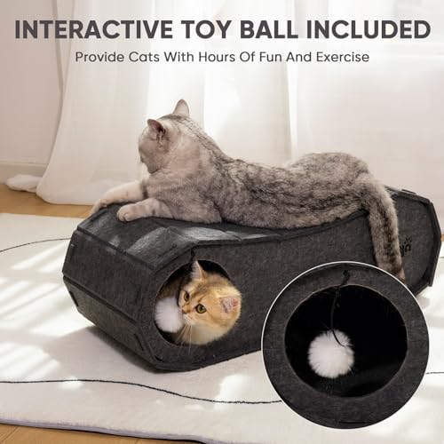 NATUYA Cat Bed Cave for Indoor Cats, Large Cat Lounge Cave Bed with Toy Ball, Enclosed Scratch Resistant Detachable Felt Cat Hideaway Bed for Cats up to 22 Lbs