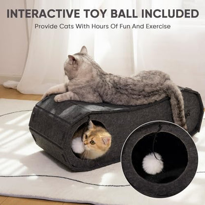 NATUYA Cat Bed Cave for Indoor Cats, Large Cat Lounge Cave Bed with Toy Ball, Enclosed Scratch Resistant Detachable Felt Cat Hideaway Bed for Cats up to 22 Lbs