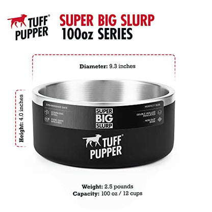 Tuff Pupper 100 oz Heavy Duty Insulated Stainless Steel Dog Bowl for Large Dogs, Non-Slip Base, Dishwasher Safe - color: Epic Black, size: 100oz
