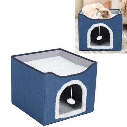 Foldable Cat House, 2 Layer Collapsible Kitten House Multifunctional Cat Cave Bed Soft Cat Scratcher House, Cat Bed Cave Cat Cubes Cat Hideaway for Indoor Cats(Navy Blue) - color: Navy Blue