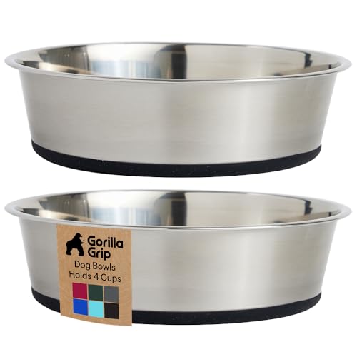 GORILLA GRIP Dog Bowls, Food Grade 304 Stainless Steel, Holds 4 Cups Each (32 fl oz) Food and Water Bowl for Feeding Dogs and Cats, Dishwasher Safe, Rust Resistant, BPA Free Rubber Base Set of 2 Black - color: Black, size: 4 Cup (32 Oz)