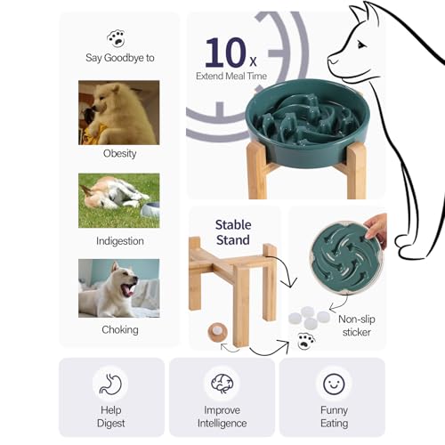 8.26 in Deep Green Dog Bowl Slow Feeder Ceramic for Medium and Large Breed,Elevated/Raised Slow Feeding Dog Food Water Dish Heavy Weighted,Puppy Dish for Fast Eaters,Puzzle Eating Bowl Meteor - color: Upgraded Deep Green Slow Feeder Elevated