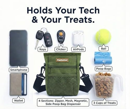Dog Treat Pouch for Training – Magnetic Dog Treat Bag with Belt Clip & Poop Bag Dispenser – Hands Free Carry Pouch with Auto-Close Access & Shoulder Strap – Durable Pet Gear – Army Green - color: Army Green