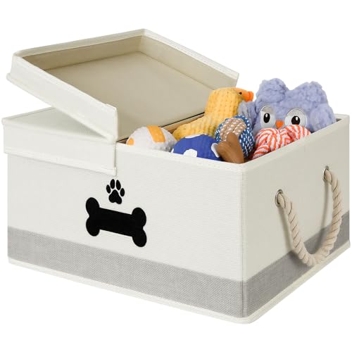 Dog Toy Basket with Double-Open Lid, Divided Dogs Basket for Toys, Collapsible Pet Toys Box, Dog Storage Organizer with 2 Divided Area, Puppy Toy Baskets with Rope Handles, Beige & Gray - color: Beige & Gray, size: Large