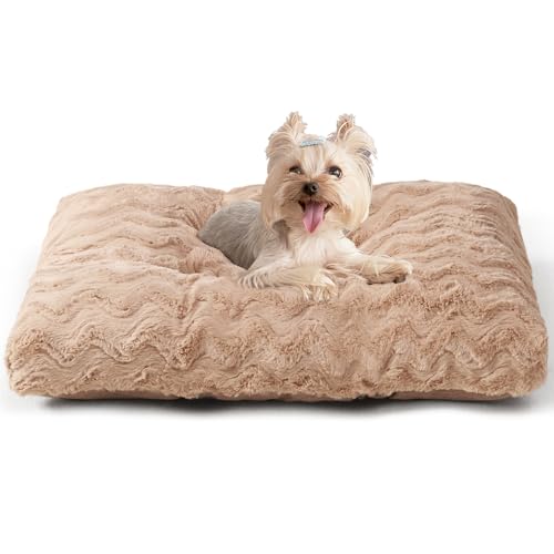EHEYCIGA Washable Small Dog Bed for Crate 23x18 Inch, Reversible Kennel Pad for Puppy Weight Up to 25 lbs, Plush and Comfy Pet Sleeping Mat, Camel - color: Camel, size: 23" x 18"x 3"