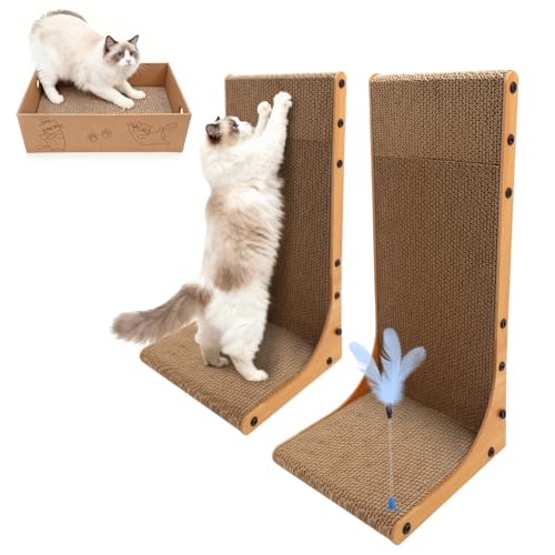 Goosheep Cat Scratching Post, 3-in1 Scratching Board for Indoor Cats, 2PK 22in L-Shaped Cat Scratcher with 1PK Cardboard Box Scratch Pad, Cats Scratch Furniture Protector with Feathered Toy - color: 2pk 22in L-Shape Cat Scratcher with Box