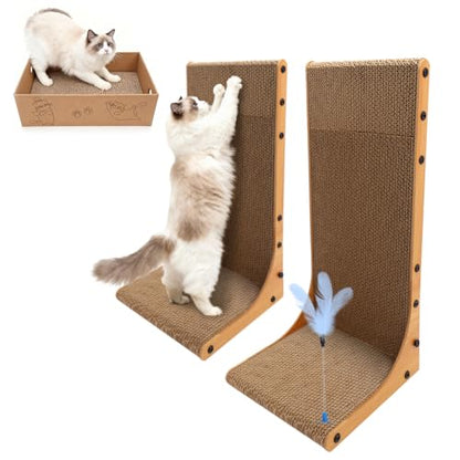 Goosheep Cat Scratching Post, 3-in1 Scratching Board for Indoor Cats, 2PK 22in L-Shaped Cat Scratcher with 1PK Cardboard Box Scratch Pad, Cats Scratch Furniture Protector with Feathered Toy - color: 2pk 22in L-Shape Cat Scratcher with Box