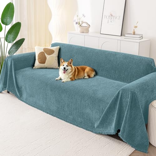 Smiry Couch Cover for Dogs, Washable Chenille Sofa Covers for 3 Cushion Couch, Soft Sofa Slipcover for Pets, Thick Sectional Furniture Protector with Tassels (Blue, 71x102 Inch) - color: Blue, size: 71x102 Inch
