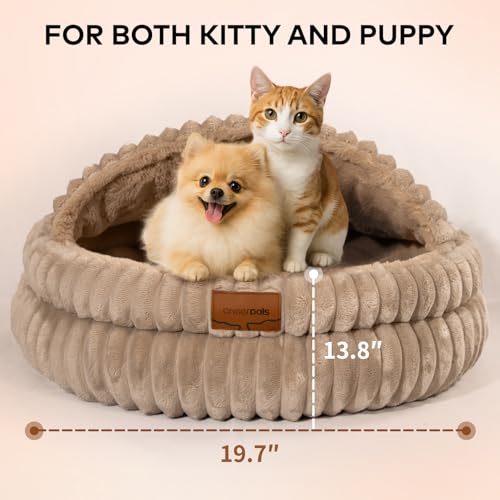 Cat Cave Bed for Indoor Cats, Washable Covered Cat Bed Hooded Kitty Bed Soft Fluffy Pet Bed for Puppy and Small Dog(Khaki) - color: Khaki