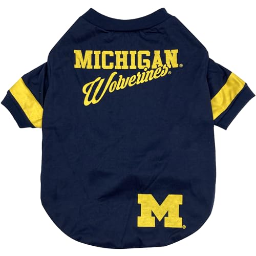Pets First NCAA Michigan Wolverines T-Shirt for Dogs & Cats. Size Small. Football/BASKTBALL Dog Shirt for College NCAA Team Fans. NEW & Updated Fashionable Stripe Design - color: Michigan Wolverines, size: Small