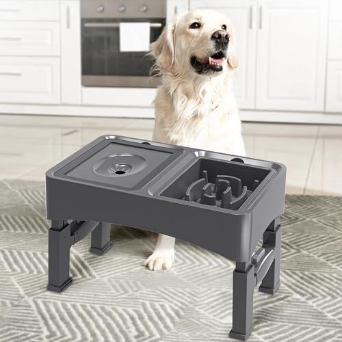 UPSKY 2-in-1 Elevated Dog Bowls Slow Feeder, 4 Height Adjustable Raised Bowl Stand, No Spill Dog Water Bowls, Anti-Slip Food and Water Bowls for Small Medium Dogs(Not Include Stainless Steel Bowl) - color: A-Water Bowl+Slow Feeder (Grey)