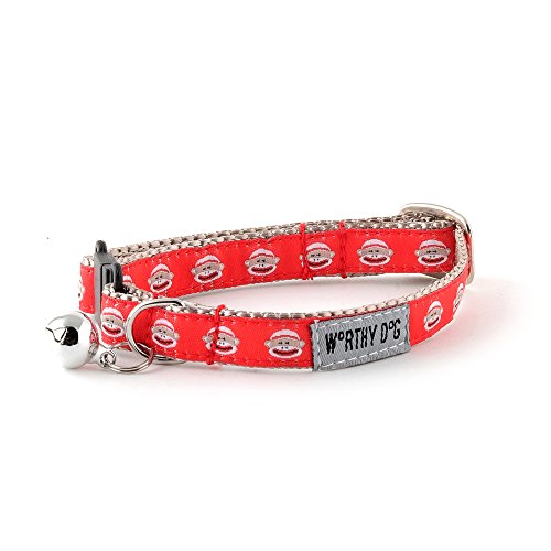 THE WORTHY DOG Sock Monkey Cat Collar with Bell, Adjustable Nylon Safety Collar, Red, One Size - color: Red-Sock Monkey