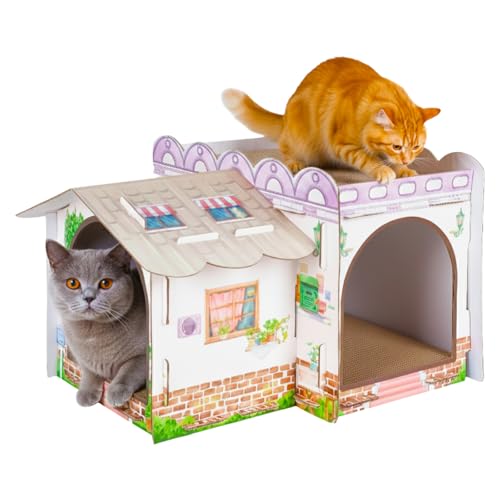 Multi-Level Cardboard Cat House with Scratch Pads, 2-Story Durable Cat Condo for Kittens & Small Pets, Easy Assembly Cat Villa for Indoor Play, Rest & Scratching, 14.96” x 9.45” x 18.86” - color: White