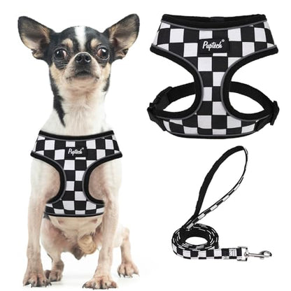 PUPTECK Soft Mesh Dog Harness and Leash Set Pet Puppy Cat Comfort Padded Vest No Pull Harnesses, Checkered Black&White, XS - color: Checkered Black&White, size: XS (NECK: 10", CHEST: 10"-14")