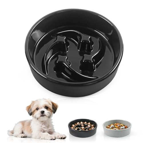 Ceramic Slow Feeder Dog Bowls, 1 Cups Dog Food Dish for Small and Medium Breed, Puzzle Dog Food Bowl for Fast Eater, 15OZ, 6.3 inch(Black) - color: Black-M