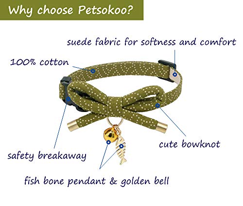 Cute Bowtie Cat Collar with Bell. Japanese Stylish Bowknot & Fish Charm. Safety Breakaway, Soft, Lightweight, for Girl Boy Male Female Cats Kitten,Green - color: Tea Green, size: Medium (8-12 inches)