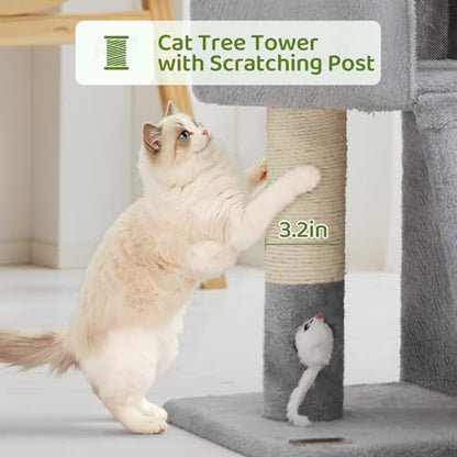 Woochpet 24inch Tall Cat Tree with 2 Cat Condo and Mouse Toy Cozy Small Cat Tower with Scratching Post and Board for Kitties and Small Cats.（Light Grey） (22 * 13 * 28) - size: 22*13*28
