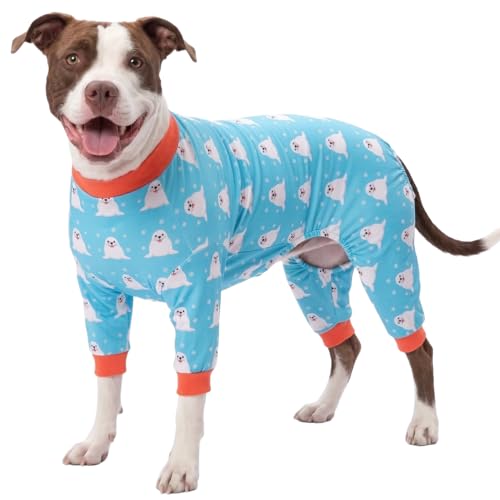 LovinPet Large Big Dog Pajamas - Anxiety Calming, Anti Licking Dog Onesie, Turquoise Sea Plants Print. Large Breed Dog Jammies, Pet PJ's for Travel & Home, Pet Pajamas for Dogs, Blue 2XL - color: Blue/Red collar, size: XX-Large