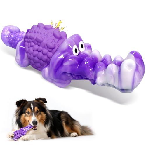 Squeaky Dog Chew Toys for Aggressive Chewers - Tough Crocodile Chew Toy for Small Medium Large Dogs, Dental Cleaning & Anxiety Relief, Boredom Buster (Purple) - color: Purple
