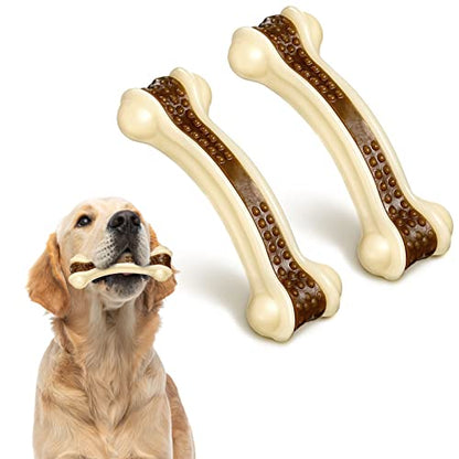 Sosation Bones Shaped Dog Toys for Aggressive Chewers, 2 Pack Christmas Dog Chew Toys Puppy Teething Nylon Beef Flavor for Large/Medium/Small Puppies Breeds(Curved Bone,Medium) - size: Medium, style: Curved Bone