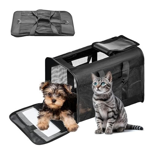 FluffyDream Pet Travel Carrier Soft Sided Portable Bag for Cats, Small Dogs, Kittens or Puppies 17 lbs Max, Collapsible, Durable, Airline Approved, Travel Friendly (Medium) - color: Black, size: 17.0"L x 12.0"W x 12.0"H
