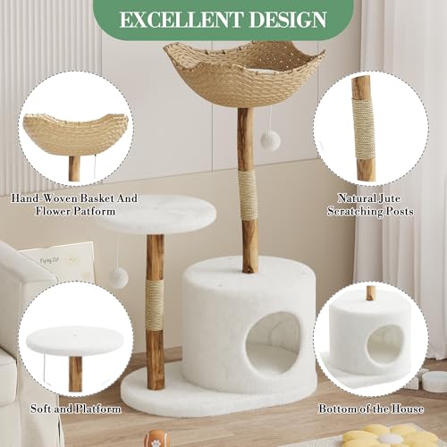 Modern Cat Tree, Solid Wood Cat Tree Tower with Hand-Woven Basket Cat Condo, Natural Jute Scratching Posts Modern Cat Tower with Plush Perches & Dangling Balls, Cat Trees for Kittens & Adult Cats - size: One Branch