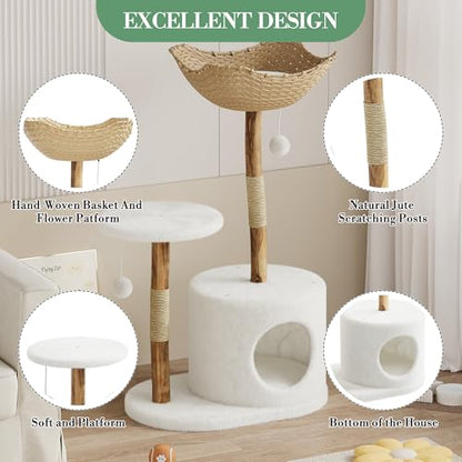 Modern Cat Tree, Solid Wood Cat Tree Tower with Hand-Woven Basket Cat Condo, Natural Jute Scratching Posts Modern Cat Tower with Plush Perches & Dangling Balls, Cat Trees for Kittens & Adult Cats - size: One Branch