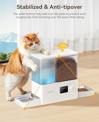 Rojeco 36Cups/8.5L WiFi Automatic Cat Feeder and Gravity Water Dispenser,Stainless Steel Bowls 2-in-1 Large Capacity 5L Food Dispenser with APP and 3.5L Water Fountain for Pets,Dogs,Puppies,Kittens - color: White, size: 8.5L-WiFi