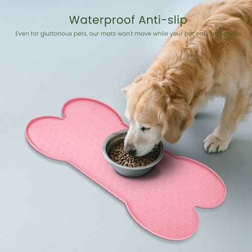 PWTAA Dog Food Mat Anti-Slip Silicone Dog Bowl Mat Thicker Pet Placemat Waterproof Cat Feeder Pad with Raised Edge Puppy Kitten Feeding Mats Suitable Small Medium-Sized Dogs Cats Eating Tray - color: Pink, size: 25.6" x 13"