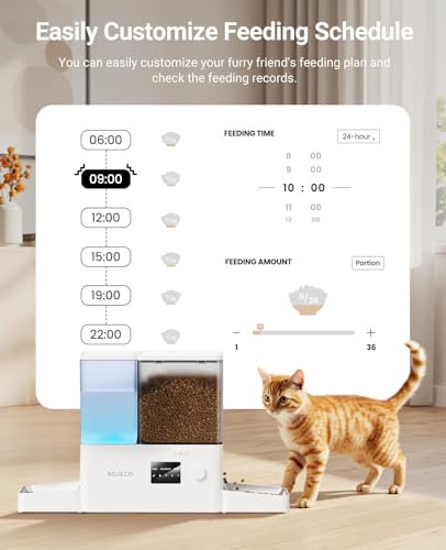 Rojeco 36Cups/8.5L WiFi Automatic Cat Feeder and Gravity Water Dispenser,Stainless Steel Bowls 2-in-1 Large Capacity 5L Food Dispenser with APP and 3.5L Water Fountain for Pets,Dogs,Puppies,Kittens - color: White, size: 8.5L-WiFi