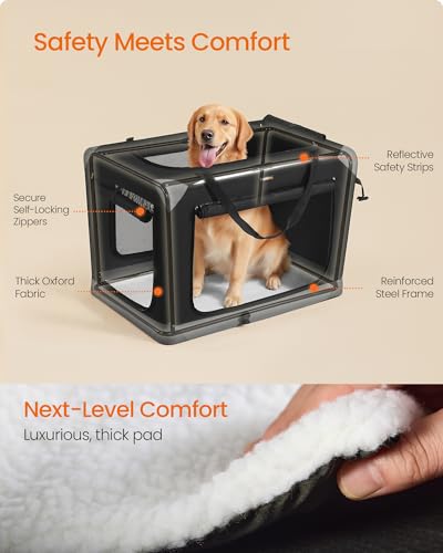 Feandrea Collapsible Dog Crate, Portable Oxford Fabric Pet Travel Crate with 4 Mesh Doors, Handles, Pocket, 36 Inches, for Large Dogs, Ink Black and Dove Gray UPDC029BH01 - size: XL (36"L x 25"W x 25"H)