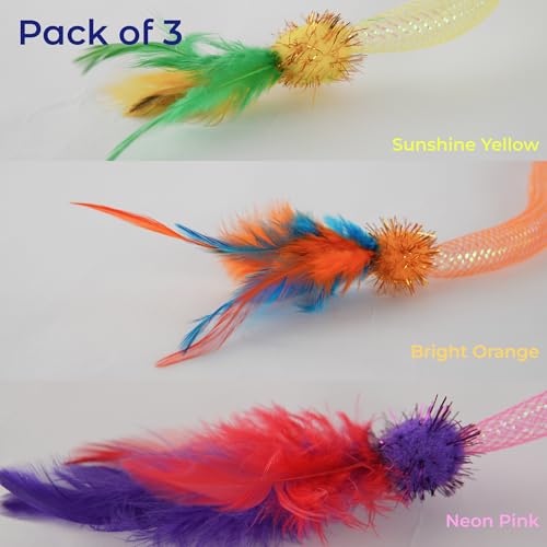 Cat Wand Toy 3 Pack for Cats and Kittens, Feather Wand Cat Teaser with Mesh Tube, Bell and Pom Pom, Interactive Fishing Pole Toy for Indoor Cats