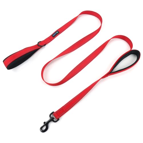 Wagtime Club Double Handle Dog Leash, 6ft Long Heavy Duty Dog Leash with Paded Traffic Handles for Extral Control and Training, Dual Handles Leads, Large Medium Small Dogs (Reflective Carnation Red) - color: Reflective Carnation Red