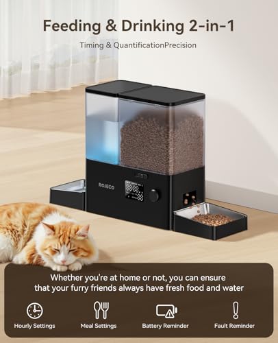 Rojeco 36Cups/8.5L Pet Automatic Cat Feeder and Gravity Water Dispenser,Stainless Steel Bowls 2-in-1 Set Large Capacity 5L Food Feeder and 3.5L Water Fountain for Cats,Pets,Small Dogs,Black - color: Black, size: 8.5L-Standard