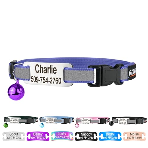 GoTags Personalized Reflective Cat Collars with Tag, Engraved Custom with Name and Phone, Breakaway Collar with Safety Buckle and Bell, Adjustable for Cats and Kitten, (Lavender with Nameplate) - color: Lavender, size: One-Size (Reflective)
