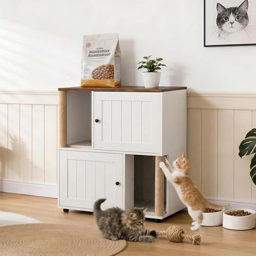 Double Cat Litter Box Enclosure Furniture for 2 Cats – 2-Tier Modern Farmhouse Cabinet, Mark Post, Odor Control, Hidden Washroom, Litter Mats, Dog-Proof Storage, End Table – Slotted Door White
