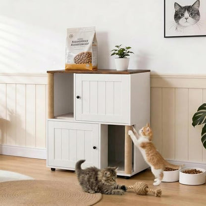 Double Cat Litter Box Enclosure Furniture for 2 Cats – 2-Tier Modern Farmhouse Cabinet, Mark Post, Odor Control, Hidden Washroom, Litter Mats, Dog-Proof Storage, End Table – Slotted Door White