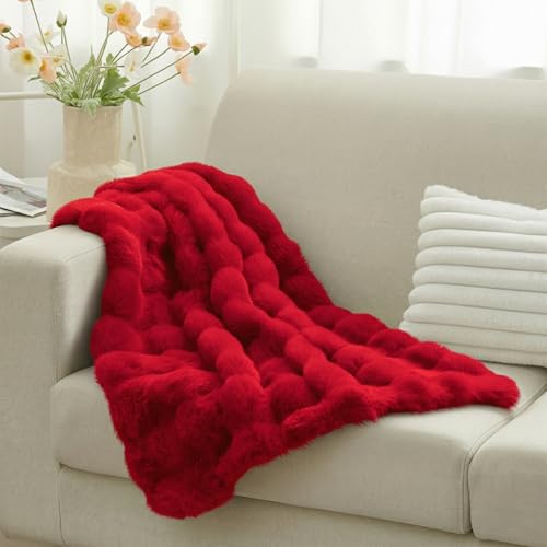 Leximan Cozy Faux Fur Throw Blanket for Couch, Reversible Plush Fluffy Decorative Bubble Throw for Sofa and Living Room, Soft Lap Blanket for Bed, Dog & Cat (Red, 30''x40'') - color: Red, size: 30''x40''