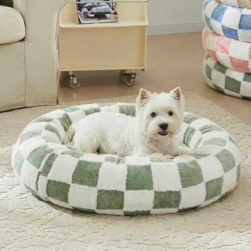 Ohocut Checkered Dog Bed, Cute Sage Green Retro Style Aesthetic Round Warming Pet Calming Beds for Small Dog and Cats, Plush Cozy Donut Washable, 30" L x 30" W x 8" Th - color: Green, size: 30"L x 30"W x 8"Th