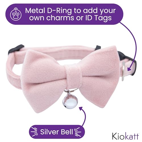 Velvet Bowtie Cat Collar with Bell – Adjustable Breakaway Pink Cat Collar for Adult Cats (7–11 in) - color: Pink