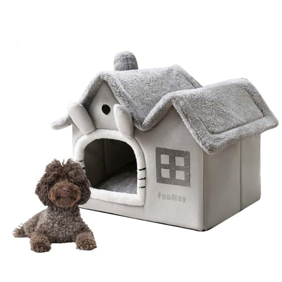 Luxury Foldable Rabbit-Ear Cat House & Dog Bed – Indoor Double Roof Condo with 30D Memory Foam, Removable Washable Cushion, Non-Slip Base, Cozy Pet Tent for Small Dogs & Cats, Gray (Medium) - size: Medium