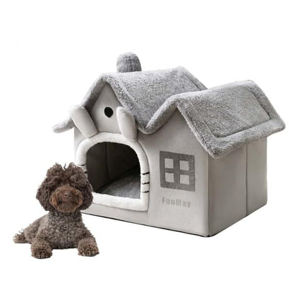 Luxury Foldable Rabbit-Ear Cat House & Dog Bed – Indoor Double Roof Condo with 30D Memory Foam, Removable Washable Cushion, Non-Slip Base, Cozy Pet Tent for Small Dogs & Cats, Gray (Medium) - size: Medium