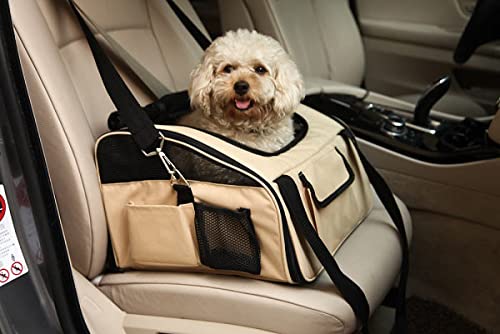 Pet Life ® 'Ultra-Lock' Collapsible Safety Travel Wire Folding Pet Carseat or Dog Car Seat Carrier with Side Pockets - color: Khaki