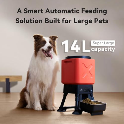 Automatic Dog Feeder for Large Dogs, 14L Capacity, Remote Feeding, Anti-Blockage System, Timed Auto Dog Food Dispenser, 2.4G WiFi App Control，Dual Power Supply,Stainless Steel Bowl - color: Red with WiFi