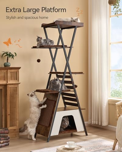 FourFurPets 72.4" Modern Cat Tower for Indoor Cats - Multi-Level Condo With Caves, Tall Tree With Scratching Board, Wooden Tower With Large Perch, Removable Pads, Rustic Brown - color: Rustic Brown
