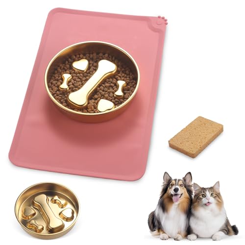 Golden Stainless Steel Slow Feeder Dog Bowls – Non-Slip Metal Dog Bowl for Large & Medium Breeds, Puppy Puzzle Feeder – 2 Cup for Small to Big Pets – Durable Slow Feed Dog & Cat Food Dish with Mat - color: Bone&Heart With Mat-Golden