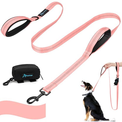 Dog Leash for Large Medium Dogs 6Ft x 1" Reflective Stitching Large Leash 2 Traffic Padded Handles Dog Lead Rope with 1 Piece Poop Bag Dispenser Holder for Running Walking Training (Pink)