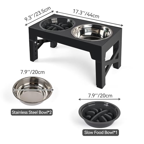 PAWISE Elevated Dog Bowls, Raised Dog Bowl with Slow Feeder Bowl & Stainless Steel Bowls, 5 Heights Adjustable Dog Feeding Bowl Stand for Small Medium Large Dogs, Food Dishes with Non-Slip Feet