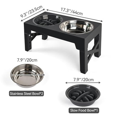 PAWISE Elevated Dog Bowls, Raised Dog Bowl with Slow Feeder Bowl & Stainless Steel Bowls, 5 Heights Adjustable Dog Feeding Bowl Stand for Small Medium Large Dogs, Food Dishes with Non-Slip Feet