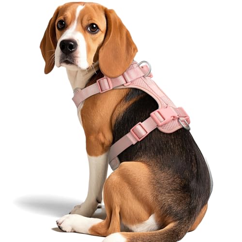 Dog Harness Medium Sized, Pet Vest with Front Clip, Adjustable Puppy Harness with 3 Fast Release Buckles[Easy to Put on & Take Off] (Pink, M) - color: Pink, size: M: Neck=17"-22"/Chest=15"-28"